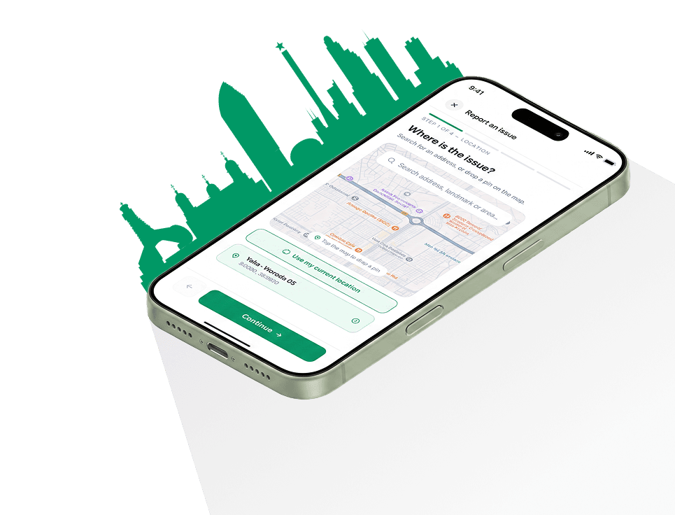 FixMyAddis mobile app interface with Addis Ababa skyline