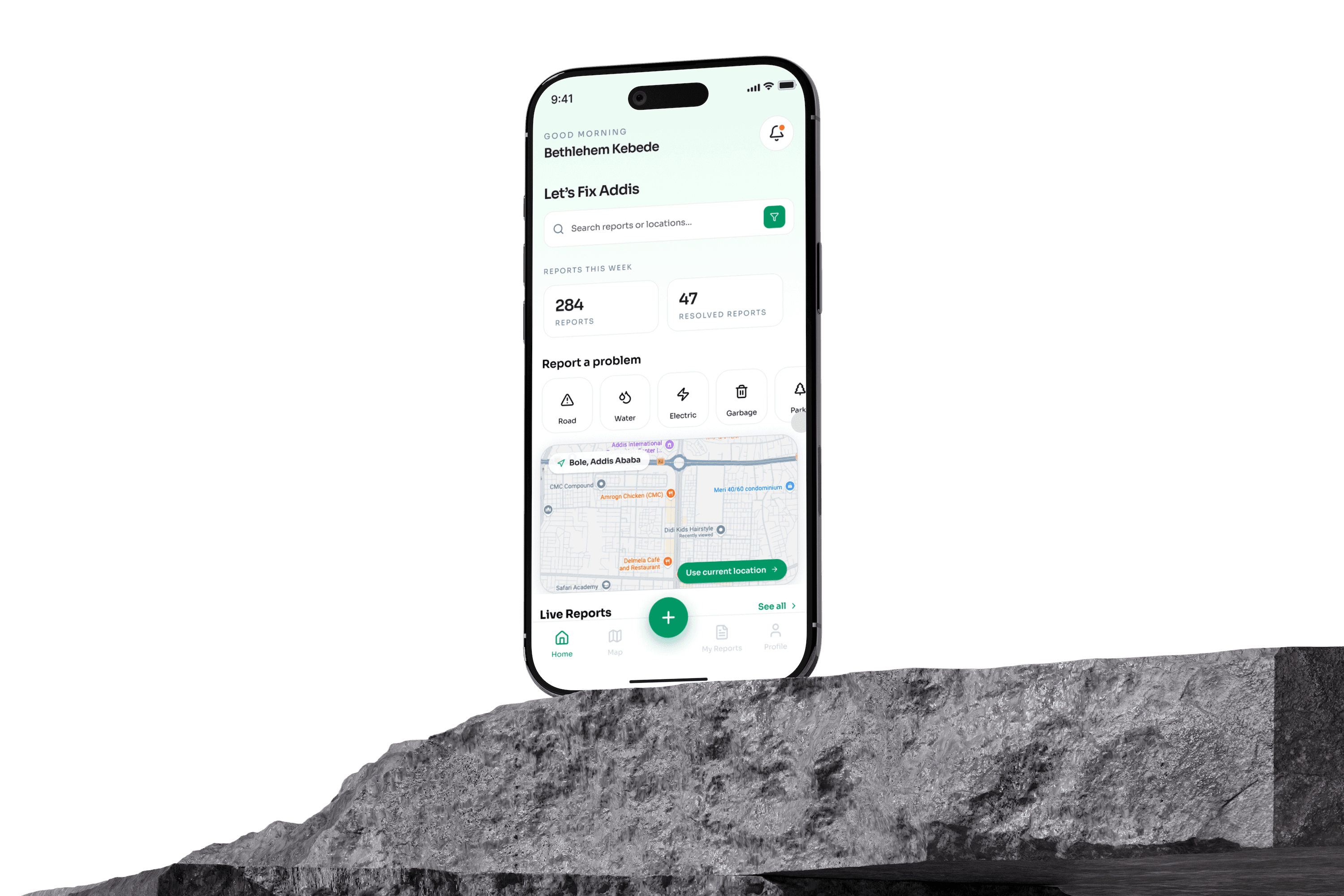 FixMyAddis mobile app in a citizen's hand